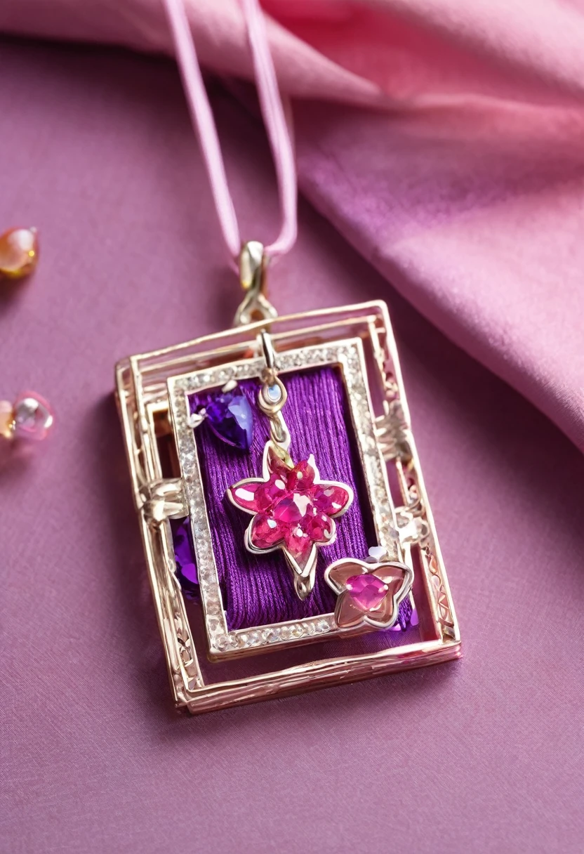 Purple and pink charm、rectangle、rectangleの中に愛叶と文字がある、With string、、Sparkling、Large in center、Love charm、Made of cloth