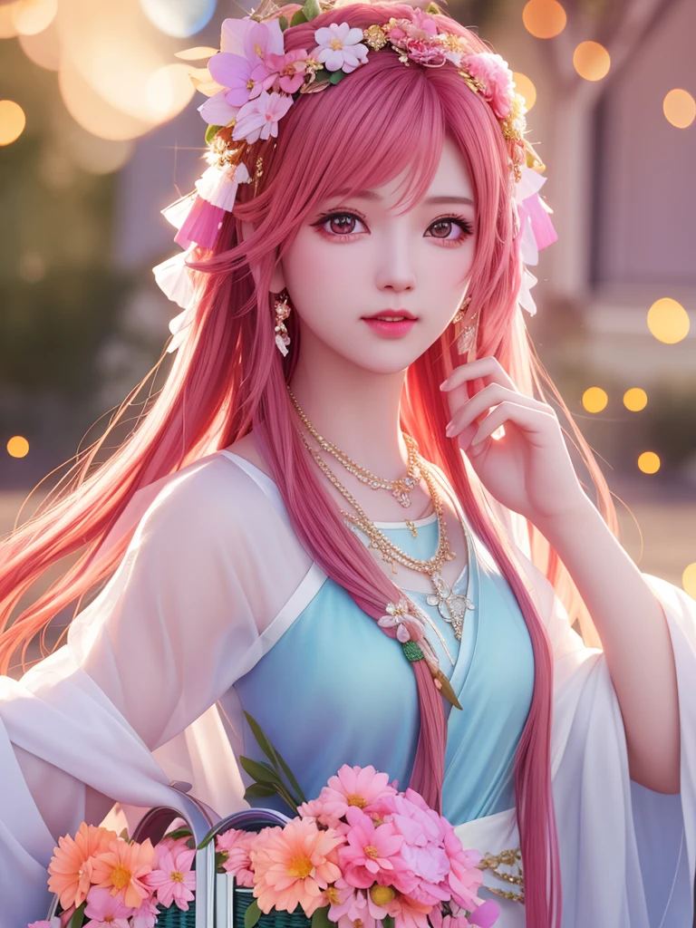 best quality, masterpiece, High target, There is a girl with a basket of flowers on her head, beautiful clothes, Hair Decorationss, necklace, Decorations, Pretty Face, When the body, Tyndall effect, Realistic Portraits, Edge lighting, Two-color light, (Very delicate skin:1.2), 8K uhd, Digital SLR Camera, Soft Light, high quality, Volumetric Lighting, Honest, photo, high resolution, 4K, 8K, Bokeh,Fuchsia hair,Orange hair tips, Pink Eyes.