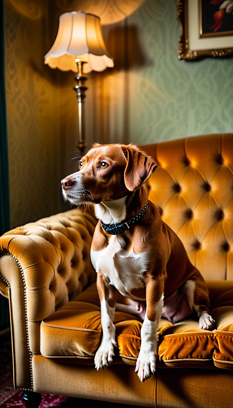 red-haired dog sitting on a velvet retro light ocher sofa, framing close up on the dog, side lighting, vintage style, vibrant colors, high quality photo --ar 2:3 --v 5