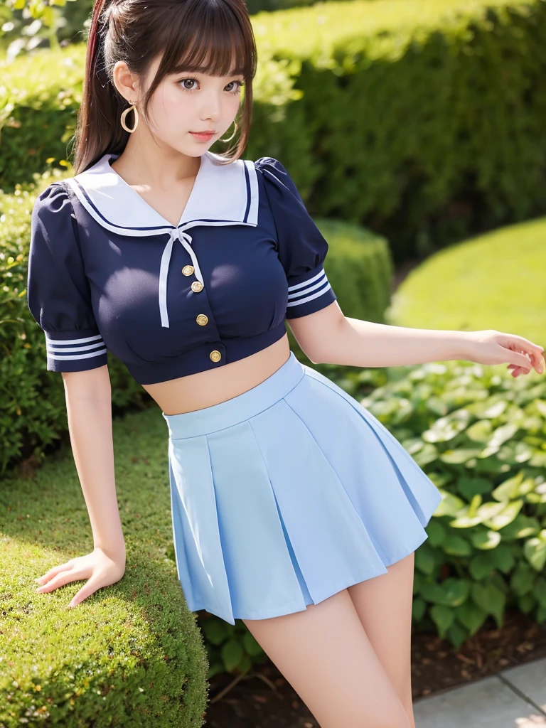 Beautiful woman、cute、Plump body、Big Tits、Earrings、Are standing、Ribbon in hair、Super mini skirt short sleeve sailor uniform、Miniskirt twists、Ribbon on chest、garden、(Shiny skin:1.3)、From the thigh up