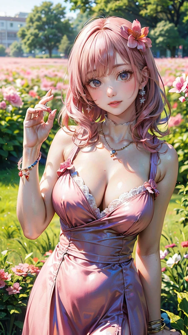 (Masterpiece, BestQuality:1.3), (ultra detailed:1.2), (hyperrealistic:1.3), (RAW photo:1.2), High detail RAW color photo, professional photograph, (Photorealistic:1.4), (realistic:1.4), professional lighting, perfect anatomy, (Big Breasts:1.2), (blush, detailed face), (cheerful Smile:1.5), Trending Hair&Trending Hairカラーをランダムに, earrings, necklace, bracelet, sexly, erotic sexly, Random sexy gravure poses, (A beautiful woman with pink hair wearing a pink dress、Smiling and posing sexy in a summer spring flower field。: 1.3)