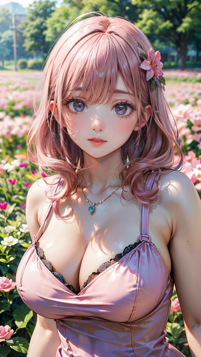(Masterpiece, BestQuality:1.3), (ultra detailed:1.2), (hyperrealistic:1.3), (RAW photo:1.2), High detail RAW color photo, professional photograph, (Photorealistic:1.4), (realistic:1.4), professional lighting, perfect anatomy, (Big Breasts:1.2), (blush, detailed face), (cheerful Smile:1.5), Trending Hair&Trending Hairカラーをランダムに, earrings, necklace, bracelet, sexly, erotic sexly, Random sexy gravure poses, (A beautiful woman with pink hair wearing a pink dress、Smiling and posing sexy in a summer spring flower field。: 1.3)