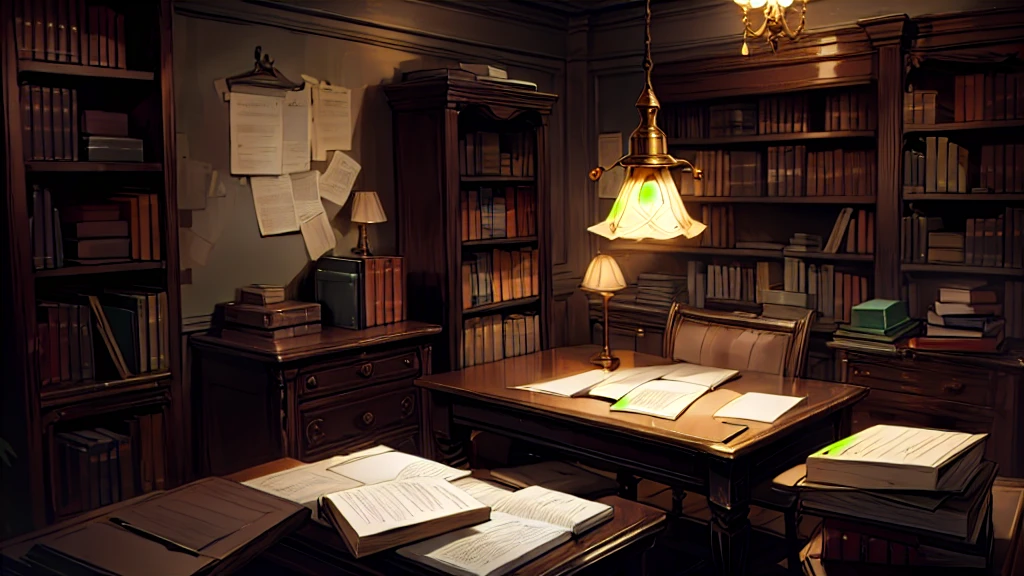 investigation room, board, dark, lamp, brown, warm, paper, books