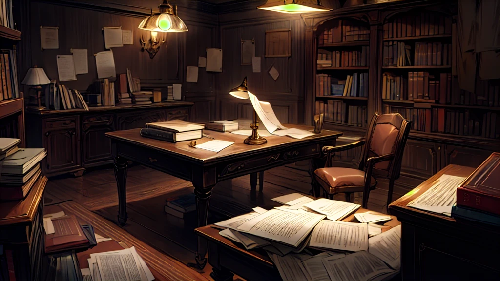 investigation room, board, dark, lamp, brown, warm, paper, books