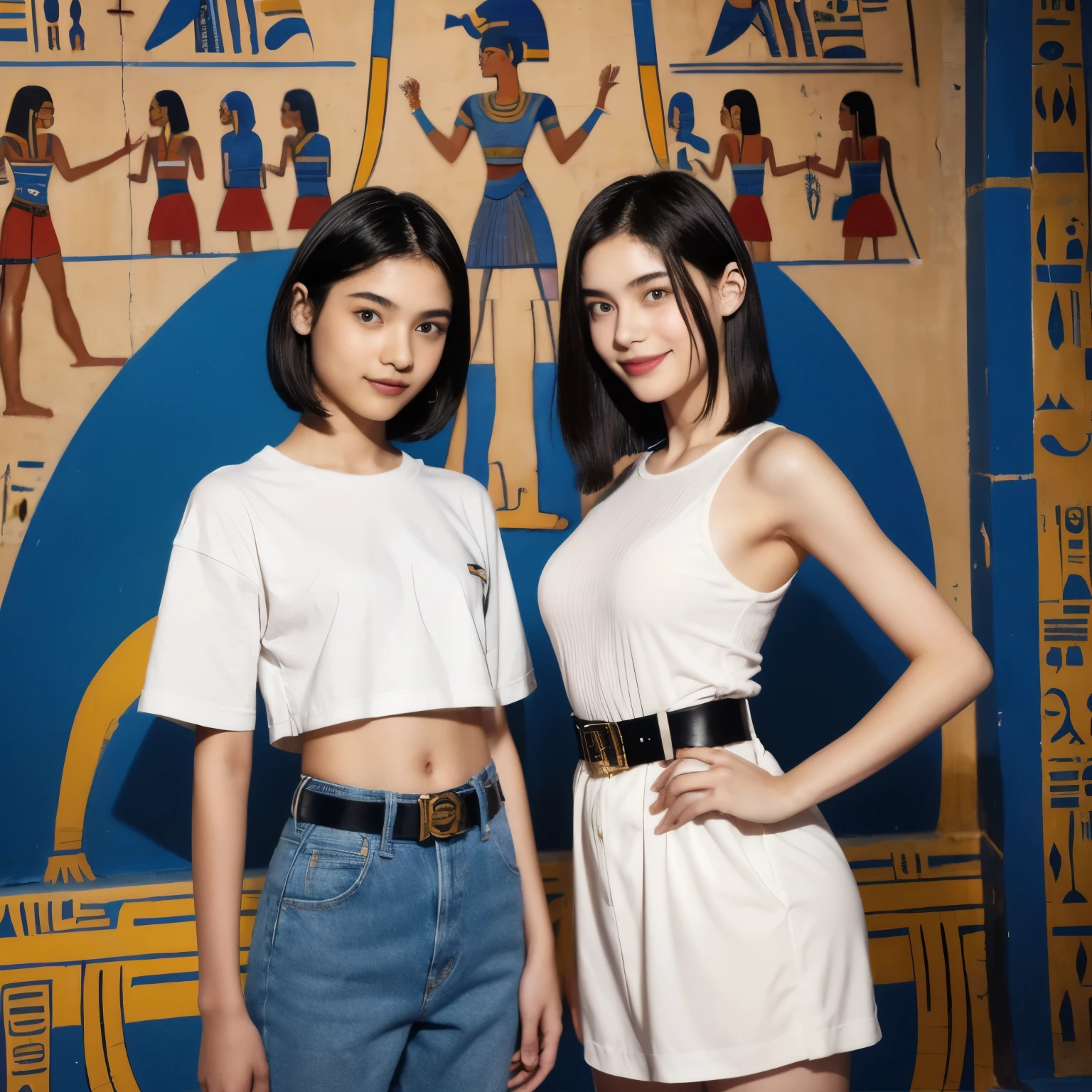 245 Inside the mural2people々々々々々々々々々々々(An 18-year-old female and an 18-year-old male), short hair,kind, lipstick, Egyptian civilization, Waist belt, Hieroglyphics, smile