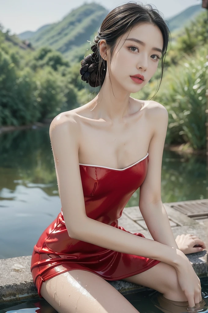 (((best quality))),(((ultra detailed))),(((masterpiece))),illustration,1 beautiful girl,slim,(shiny skin:1.5),sweat,wet,flat chest,short red qipao,bare arms,sitting in paddy pool,upper body,elegant, clear sky, sunlight, dreamy, contrast, natural,Chinese rural landscape,The body below the neck is in water