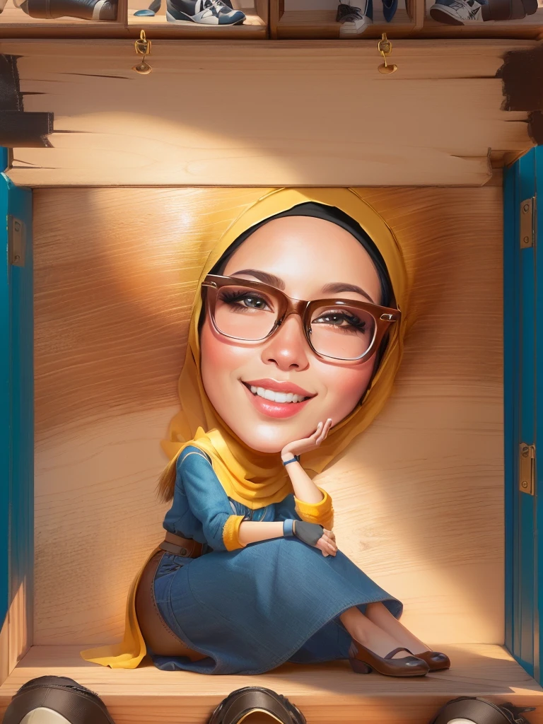 cartoon woman hijab sitting in a wooden box with a shelf full of shoes, cartoon portrait, caricature illustration, inspired by JoWOnder, close up potrait, cartoon artstyle, potrait, proffesional illustration, cute woman, inspired by Basuki Abdullah, portrait shot, in cartoon style, cartoon digital painting, caricature style, full protrait, digital art cartoon