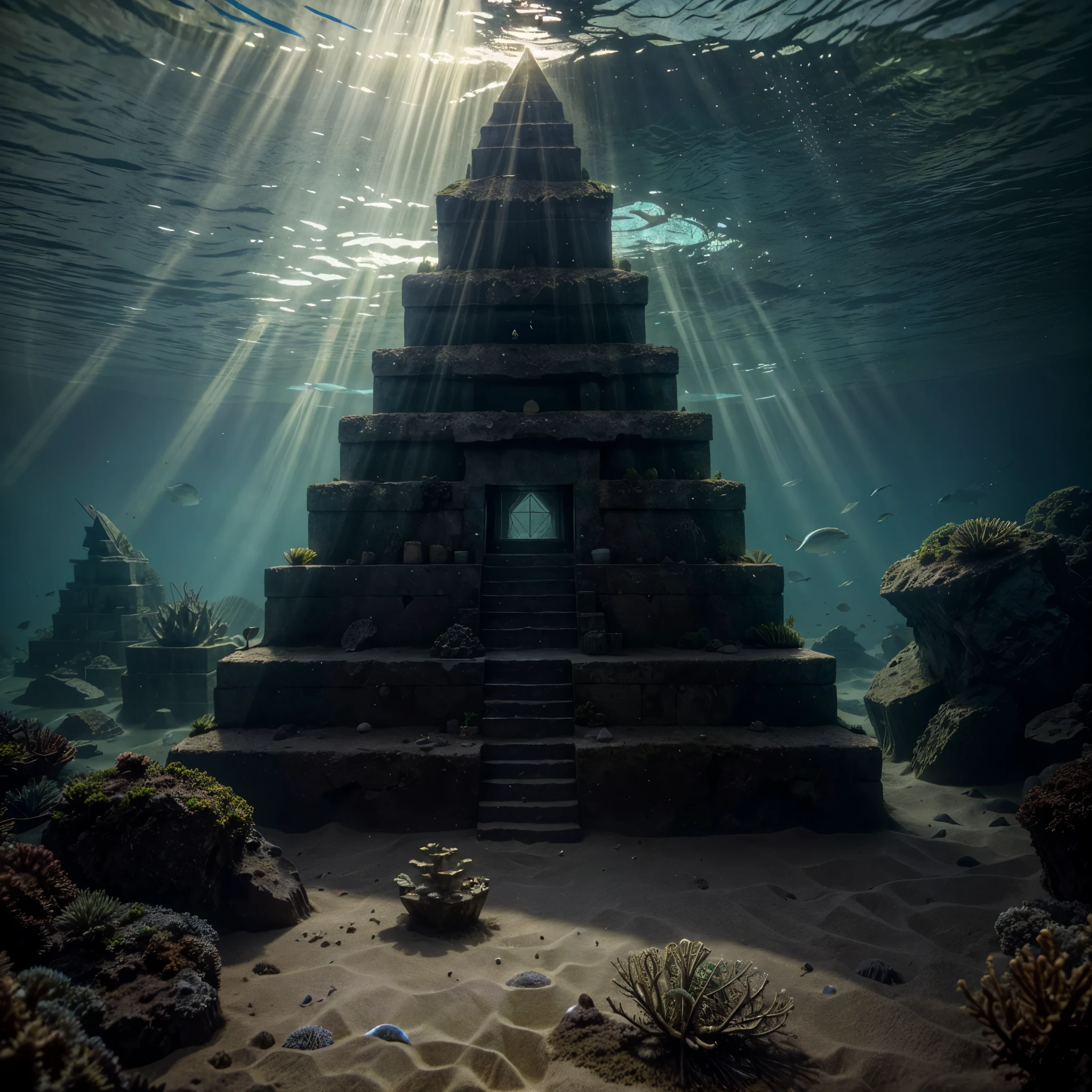 There is an ancient golden metal pyramid at the bottom of the ocean, surrounded by marine life. Light breaks through the water, creating mystical lighting. The pyramid is partially covered with seaweed and coral, emphasizing its prolonged stay underwater. A variety of fish and other marine life swim around.
Details for creating a picture:
Main object:
Ancient pyramid made of golden metal with intricate carvings and inscriptions.
The pyramid is weathered with elements of corrosion and fouling by algae and corals.
Ambient:
Ocean floor, covered with sand and stones.
Marine flora: algae, sea grass, kelp.
Marine fauna: various types of fish, maybe small sharks, jellyfish.
Lighting & Atmosphere:
Scattered light penetrating through the water from above, creating soft light rays.
Shadows and depth, giving the image realism.
Bluish and greenish shades, characteristic of the underwater environment.
Additional elements (Optional):
Shipwrecks or old chests in the distance to add ambience.
Little air bubbles rising from the pyramid.
Style and mood:
Realistic style with high detail.
Mystical and slightly mysterious atmosphere.
Combination of ancient and natural.
Technical specifications:
High resolution.
Realistic stylization.
Detailed elements of the pyramid and the underwater world.
Effective use of light and shadow to create depth and realism.