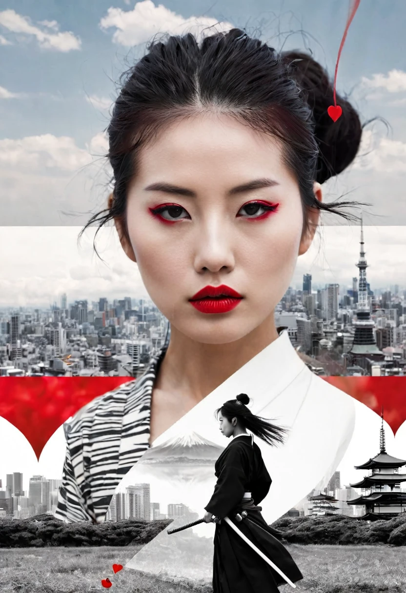 **Horizontal triptych Fusion Collage, multiple Exposure (Japanese Skyline, Heart, Love, Beauty), maximalist Environment, surreal female Samurai Illusion portrait, minimalist and ethereal, Red black white, boundaries dissolve the face of a woman in quiet contemplation, the delicate features disappear at the edges, dadaism woven through the simplistic forms abstract dreamscapes that echo surrealism woven through bizarre neoclassical simplicity