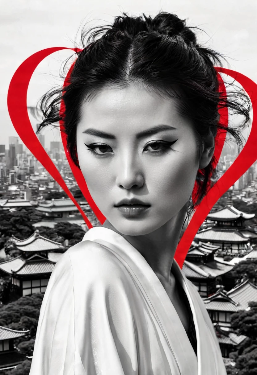 **Horizontal triptych Fusion Collage, multiple Exposure (Japanese Skyline, Heart, Love, Beauty), maximalist Environment, surreal female Samurai Illusion portrait, minimalist and ethereal, Red black white, boundaries dissolve the face of a woman in quiet contemplation, the delicate features disappear at the edges, dadaism woven through the simplistic forms abstract dreamscapes that echo surrealism woven through bizarre neoclassical simplicity