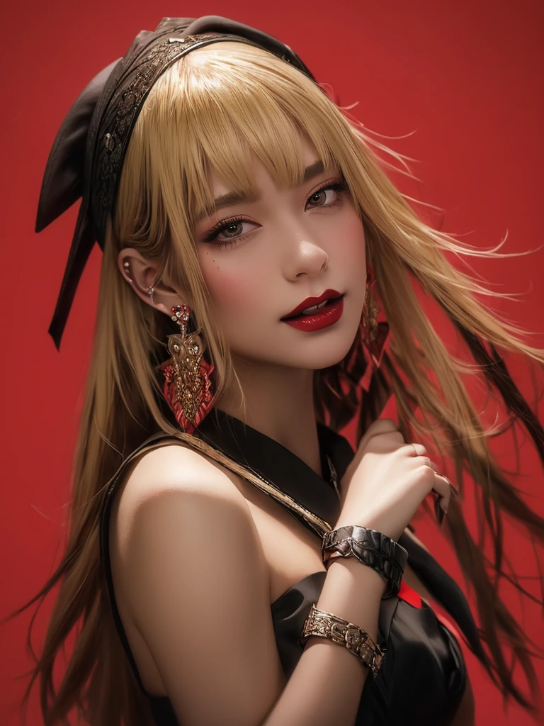 A diverse and creative interpretation of a woman's portrait, featuring a blonde beauty with a striking red headband and a sleek black dress. The image is rendered in a soft, dreamy style with delicate brushstrokes and muted tones, giving it a romantic and ethereal feel.