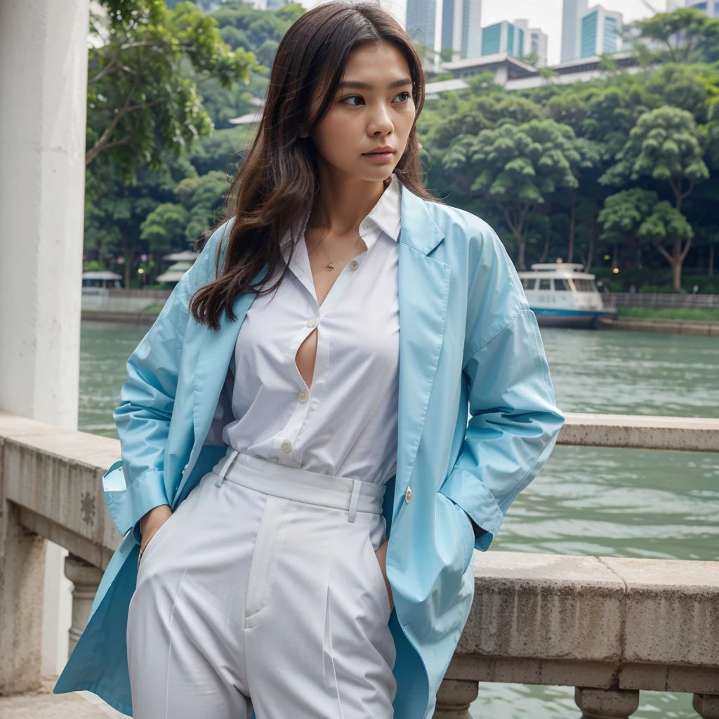 Female supermodel. Singapore Chinese. Singapore river, Singapore. Pastel blue doctor coat. White formal shirt. Pastel blue trousers. Close-up.