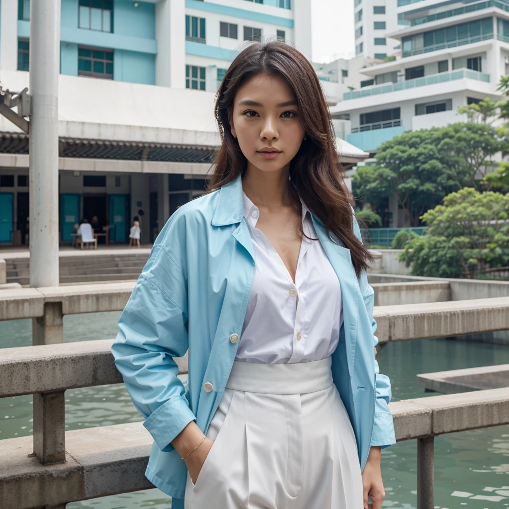 Female supermodel. Singapore Chinese. Singapore river, Singapore. Pastel blue doctor coat. White formal shirt. Pastel blue trousers. Close-up.