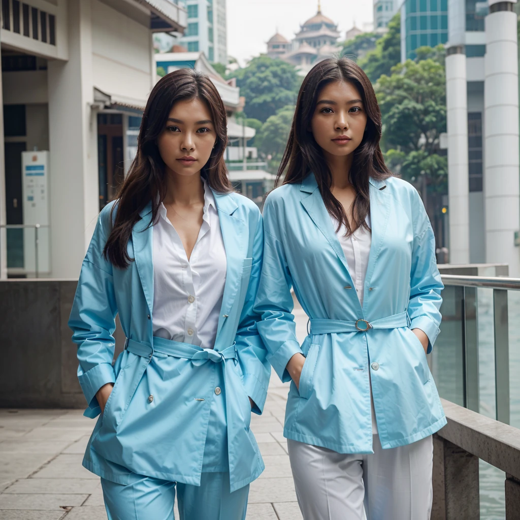 Female supermodel. Singapore Chinese. Singapore river, Singapore. Pastel blue doctor coat. White formal shirt. Pastel blue trousers. Close-up.