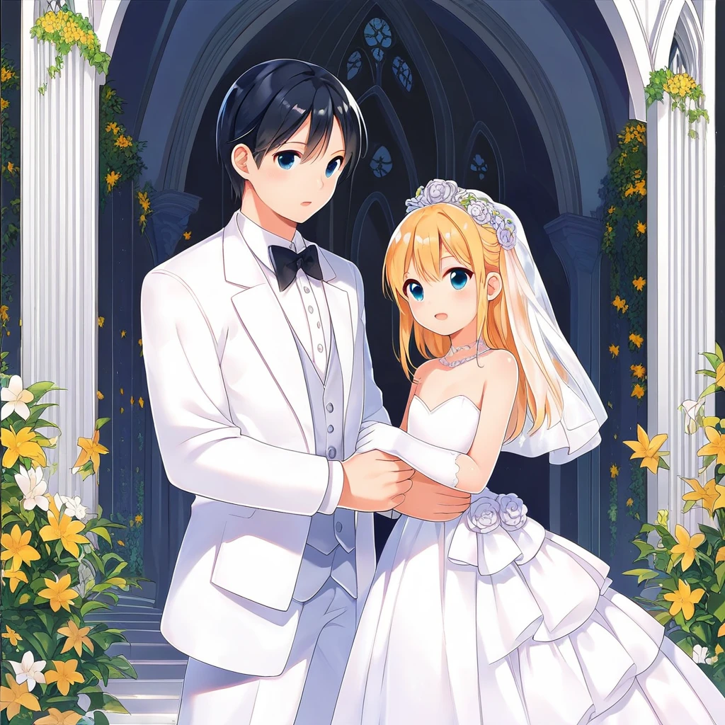 masterpiece , best quality , color , lineart , 1 girl , 20 years old , flat chest , long hair , black hair , Wedding dress , 1 boy , white tuxedo , golden hair , short hair , 20 years old , a woman folds a man's arms , standing , open eyes , open mouth , cowboy shot , front , white backqround , simple backqround , church , wedding ,
