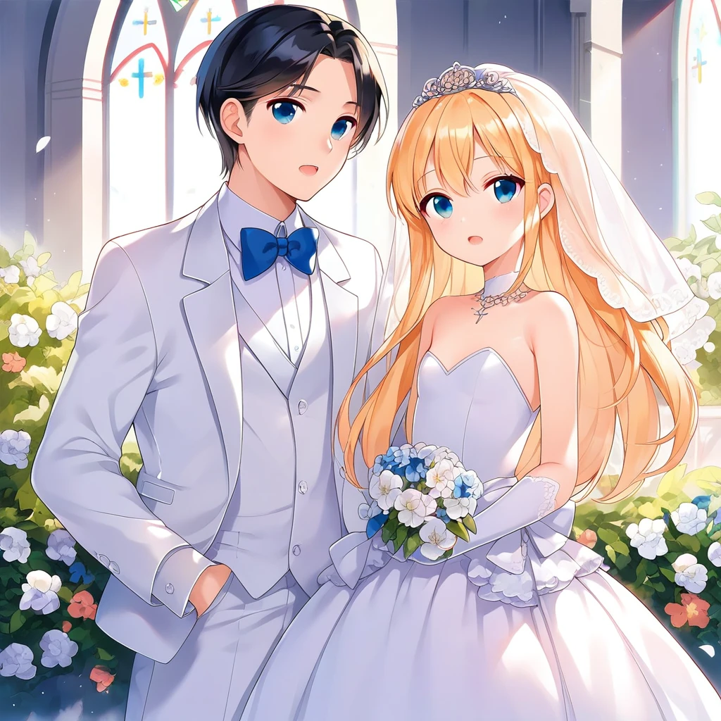 masterpiece , best quality , color , lineart , 1 girl , 20 years old , flat chest , long hair , black hair , Wedding dress , 1 boy , white tuxedo , golden hair , short hair , 20 years old , a woman folds a man's arms , standing , open eyes , open mouth , cowboy shot , front , white backqround , simple backqround , church , wedding ,