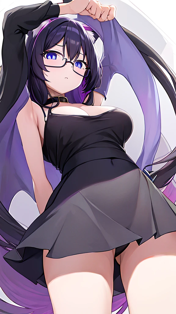 An 18-year-old cat girl with long black hair with purple ends, blue eyes, chest, and round-shaped glasses. (black crop top shirt, Black off-the-shoulder shirt, sleeveless, Cat pattern in the middle of the shirt),school short black skirt, black panties, standing,