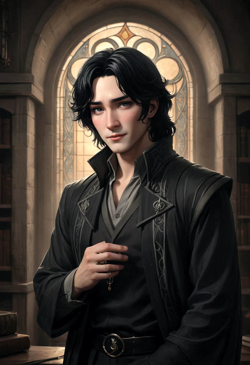 arafed image of a young student severus snape black hair and a ring on his finger, delicate androgynous prince, beautiful androgynous prince, handsome prince, hand on his cheek, handsome guy in demon slayer art, he has dark grey hairs, grinning lasciviously, with a pouting smile, giga chad crying, he has a glow coming from him , anime art nouveau cosmic display , ultra-detailed,(realistic,photorealistic,photo-realistic:1.37),cinematic lighting,dramatic shadows,dark fantasy,moody atmosphere,chiaroscuro style , dark academia aesthetic