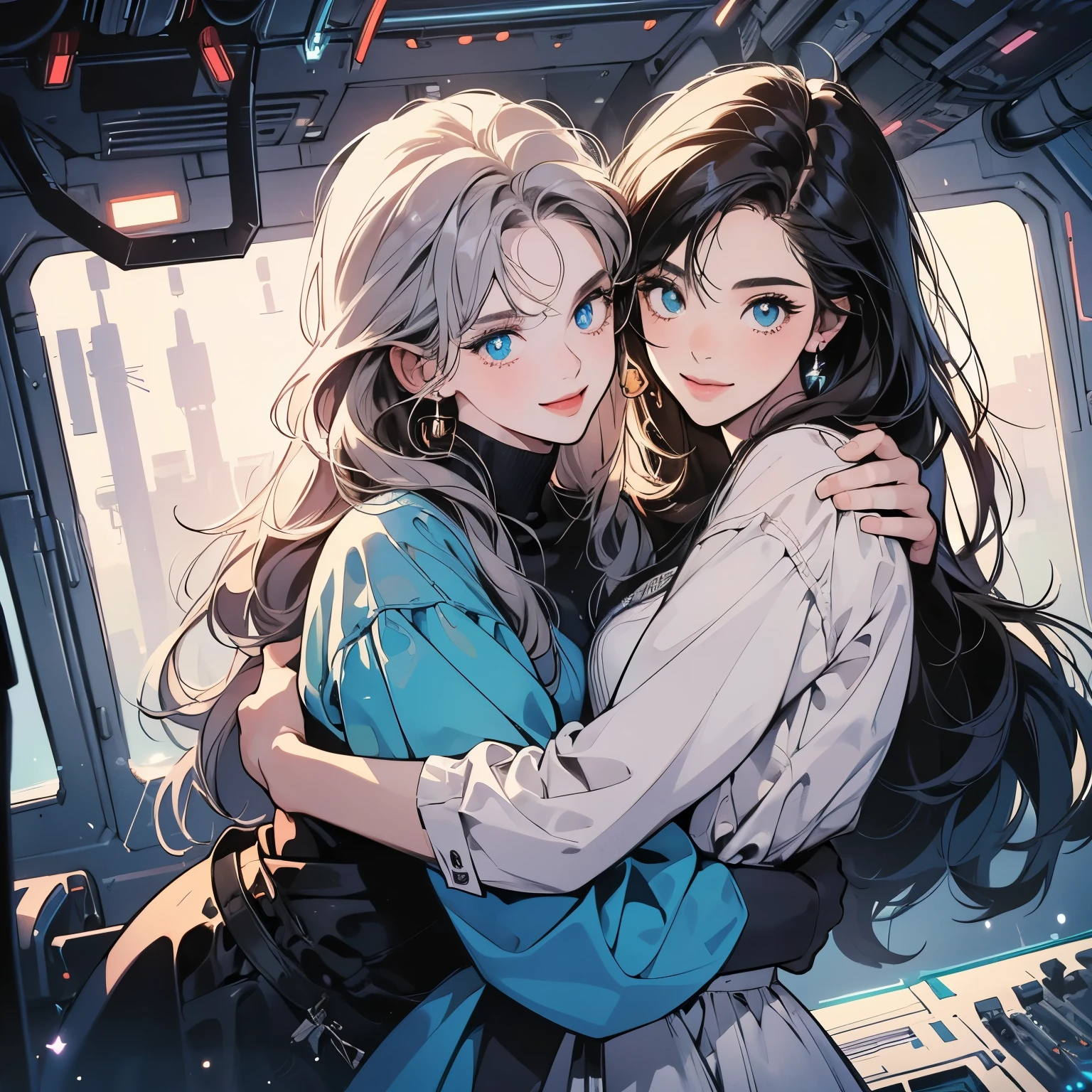 (((beautiful "Two women" leaning against each other))), inside a spaceship, perfect machine, perfect face, zero gravity, outer space, lots of wires, switchboard, perfect and detailed machine, detailed hair, (((Various angles))), most beautiful woman, (((head shot))) , Super detailed background, top quality,Various unique hairstyles, Ghost in the Shell, Outer space in the background, Unique and perfect face, Pale Lighting, (((Various eye colors))),(((hug from behind)), smile