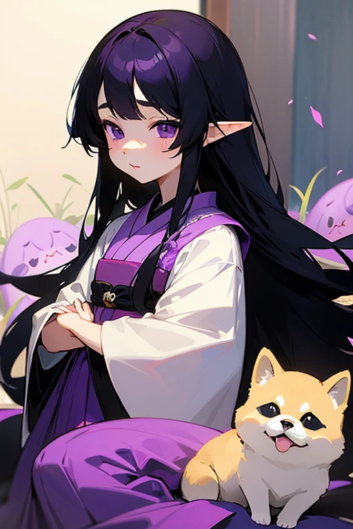 Long black hair、Droopy eyes、Purple Eyes、Elf、Purple-based Japanese-style dress、Girl、cute、Nearby is a black Shiba Inu