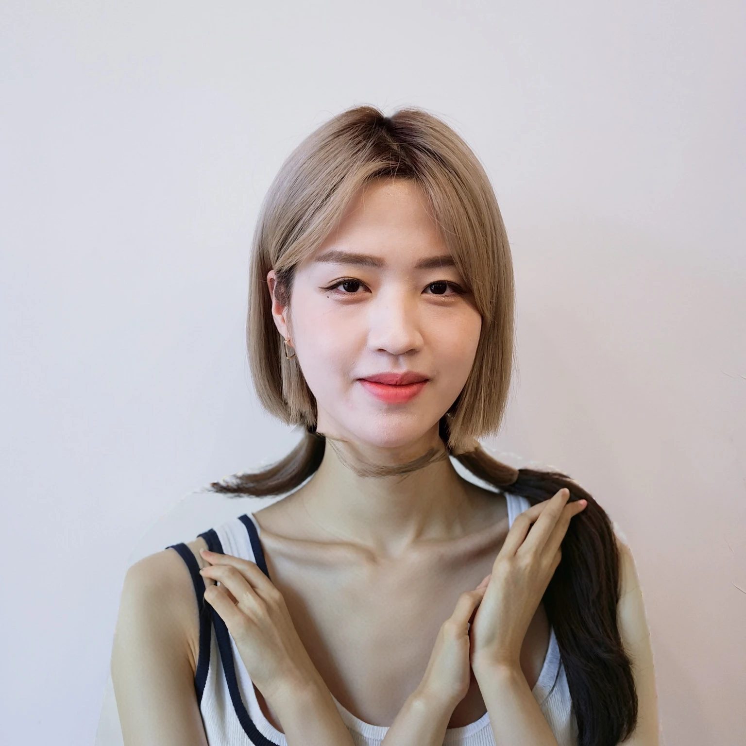 Best Quality, 8k, Masterpiece, (Portrait: 1.3), (photo realistic:1.4), (hyper realistic:1.4), Sharp Focus, looking at viewer, (smoother lighting:1.1), (increase cinematic lighting quality:0.9), realistic lighting, backlighting, light on face, ray trace, (brightening light:1.2), (Increase quality:1.4), sharp detail, (best quality real texture skin:1.4), finely detailed eyes, black_eyes, finely detailed face, 25 year old Korean woman, (tank_top:1.4), (Create an image maintaining the original base model hairstyle:1.5)