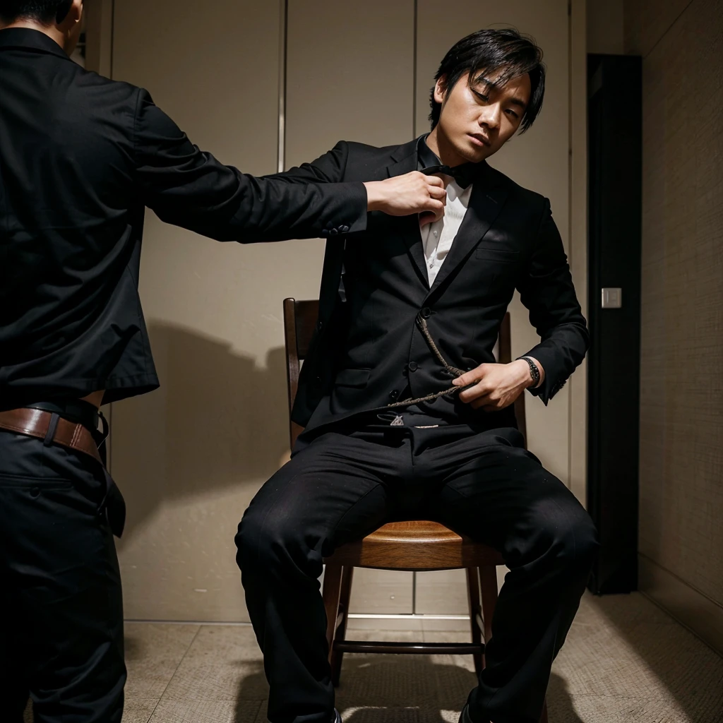 A man wearing a black shirt、Hong Kong young man in black suit struggled drunkenly,half undressed,He was tied to a chair with a rope, his hands were tied behind his back, and his feet were tied in chair.。