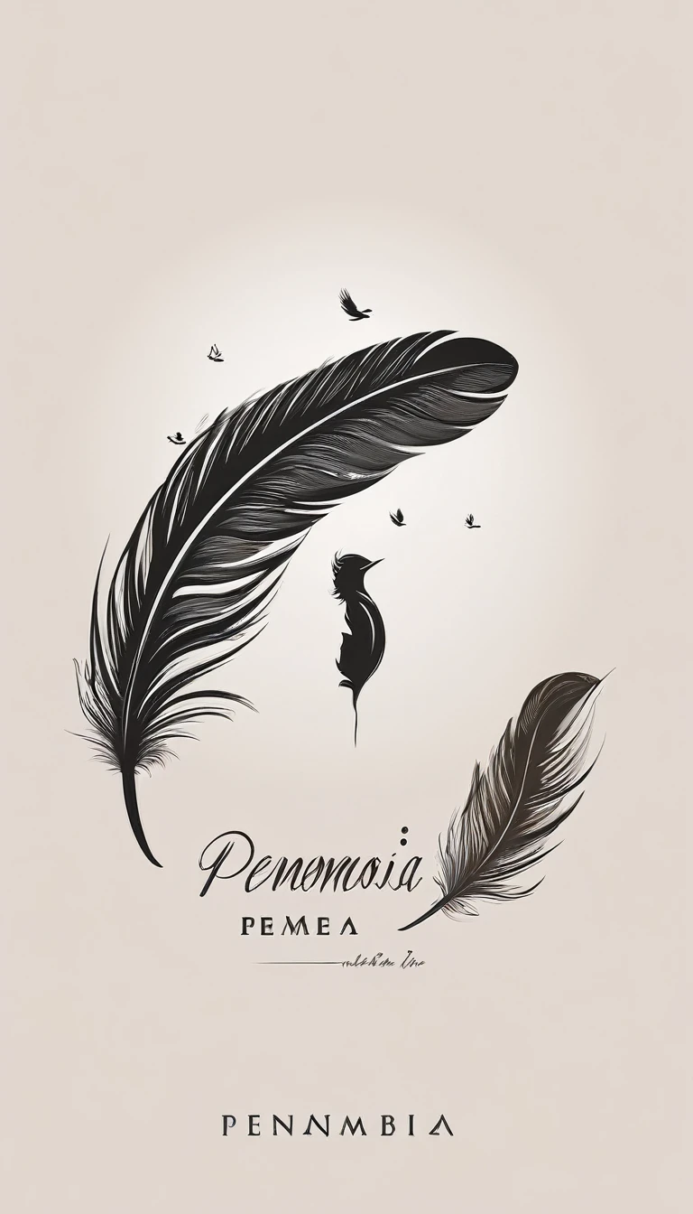 A minimalist, fantastic, poetic, dreamy, captivating, memorable, masterpiece, modern, simple logo design of a boy and a feather for the brand “Penamemoria". The logo must convey a sense of music, stories and dreams. Minimalistic logo design of a boy and a feather.