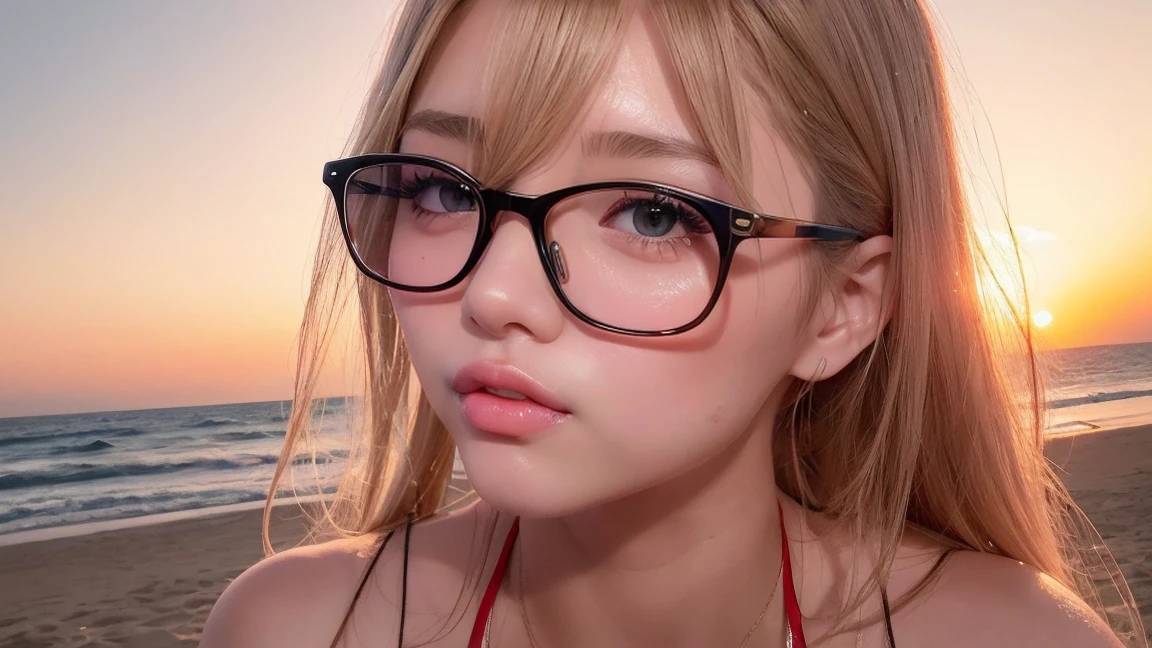 K-POPアイドル Beach Photoshoot Anime Style plump and glamorous figure, Blonde with bangs ((Glasses)) Bright red lips Duck mouth Ultra-shiny enamel metallic see-through bikini Blushed ((Date at the starry beach)) Portraiture Looking into the camera ((dressing)) 蒸し暑くてSweaty光沢のある顔 Sweaty Sweaty, Blushed Frontal eye contact Kissing Face Sitting with legs apart Cute Smile Portraiture masterpiece Big brown eyes Drawn from below (Soaking wet woman) (sunset) Ecstasy Facial Expressions