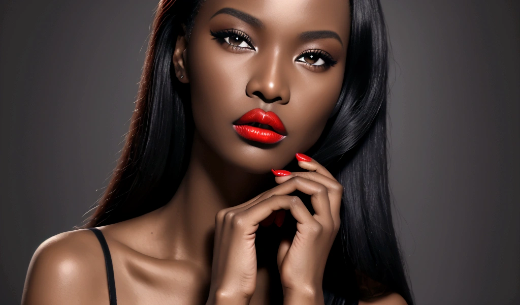 African woman with red lips and black clothes, Press your hands on your face, deep Red lips, dark Red lips, Ideal face model, Beauty Retouching, Dark lips, Sexy lips :5. Fashion, Dark lipstick, Cosmetics Activities, Red lipstick on face, focus on pursed lips, Sexy face with full makeup, Red lips
