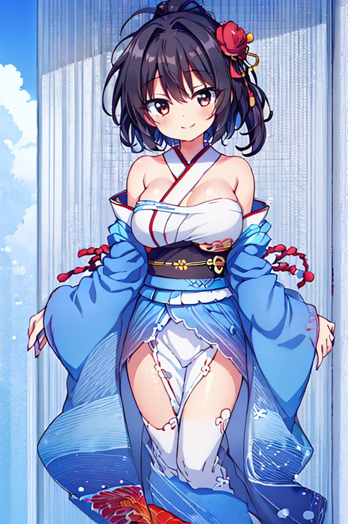 ((Masterpiece)),((high resolution)),((Best Quality)),Anime illustration,((1girl)),,(Black Hair),short hair,Short ponytail,Large, round scarlet eyes,Droopy eyes,smile,15 years old,(Young),baby face and big breasts,large breasts,(low length),(Short),Ladylike,Elegant,blue sky,kimonos,White and red clothes,