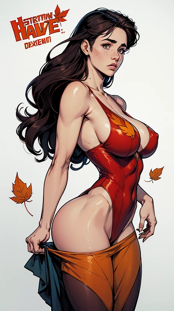 Character style illustration style Completely bare breasts showing a little fear Breast size Cartoon name: white background medium breasts freckled face Jennifer Connelly actress strong contours Physical description - long, slickedback hair, dyed a vibrant brown that contrasts with their fair skin. - You reflect a mix of curiosity and determination. – She has a tall stature, with a slender and agile figure, highlighting his agility and dexterity. -colorful background portrait character design, beautiful digital illustration, high-quality portrait, comic book art, Full body sensualizing or naked. return sheet. return leaf member clothes of the day expression of the day hellish love using sanserine and Harry Potter clothes
