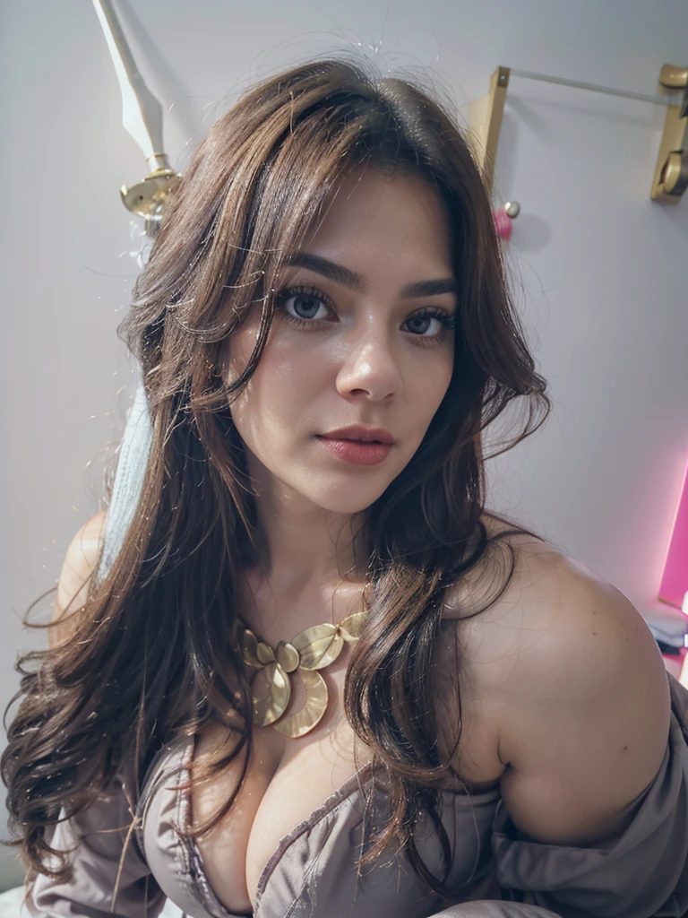 A sexy woman, eyeshadow, eyelash, double eyelid, blush on, white skintone, wavy hair, slender body, braless, large breasts:1.5, armpit, high heels, front view, standing on the floor, open legs, dynamic lighting, masterpiece, ultra detailed, movie scene, dramatic photo, perspective, vignette, cinematic