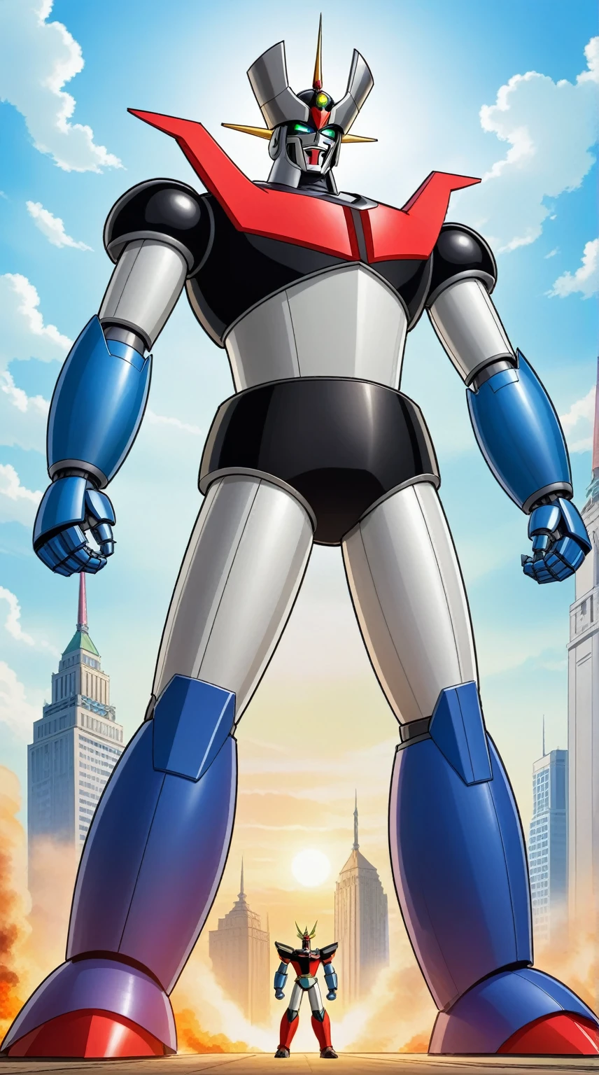 robot supergigante mazingerz, epic, elegant, intricate details, Fancy, comic style mazingerz raising his arms in a sign of power