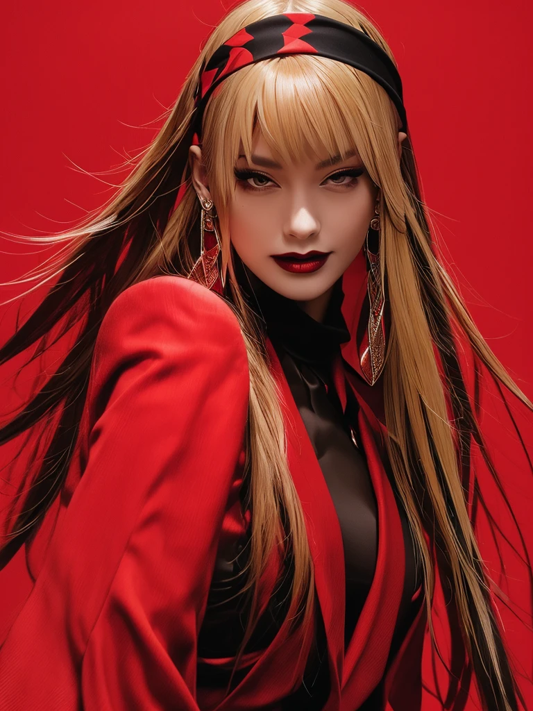 A stunning, unique portrait of a woman with flowing blonde hair, adorned with a vibrant red headband and dressed in a sleek black gown. The image is rendered in a bold, modern style with sharp lines and vibrant colors.