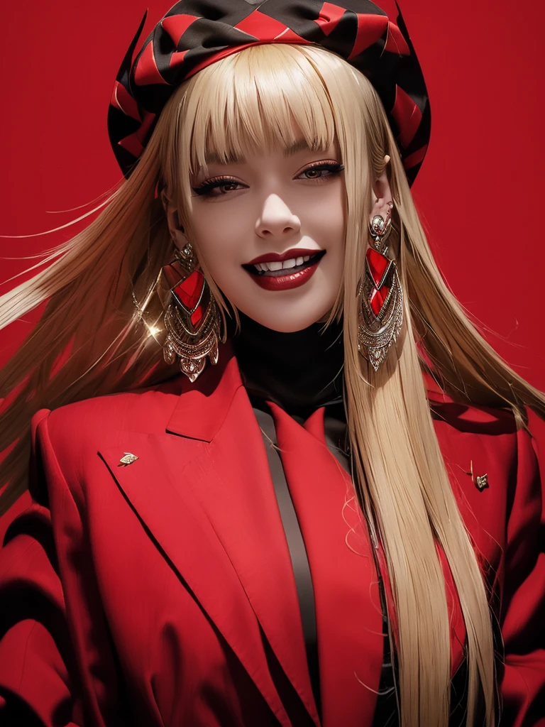 A stunning, unique portrait of a woman with flowing blonde hair, adorned with a vibrant red headband and dressed in a sleek black gown. The image is rendered in a bold, modern style with sharp lines and vibrant colors.
