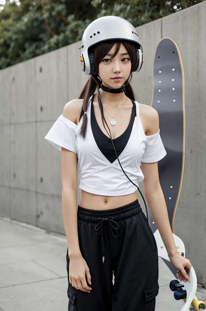 anime girl,by white,Big bust,nice body,gray neckline with a black star in the middle,baggy pants,helmet headphones,brakets and a skateboard