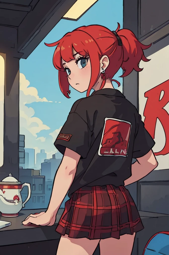 (8K, 4K, masterpiece, Very detailed:1.2), alone, Back view , Highest quality, , alone, One Girl, T-Shirts, Tea column sky light, Short Bob, Headphones, Earrings, Streetwear, graphic T-Shirts, Oversized jackets, red and black plaid skirt ,back of head