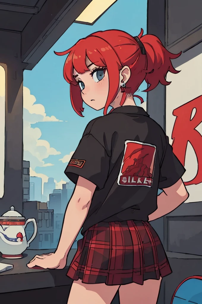 (8K, 4K, masterpiece, Very detailed:1.2), alone, Back view , Highest quality, , alone, One Girl, T-Shirts, Tea column sky light, Short Bob, Headphones, Earrings, Streetwear, graphic T-Shirts, Oversized jackets, red and black plaid skirt ,back of head
