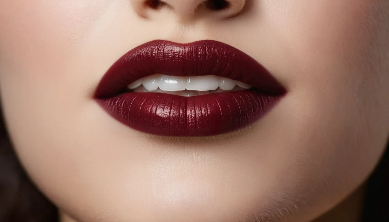 a gentle kiss, A witch's smile that lifts the corners of her mouth, Dark red lips, glossy lips, Focus only on the mouth, Woman mouth close up, from front
