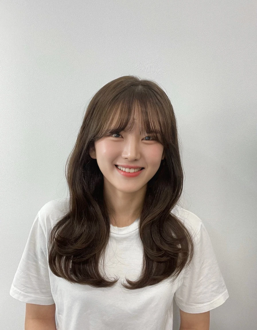 Best Quality, 8k, Masterpiece, (Portrait: 1.3), (photo realistic:1.4), (hyper realistic:1.4), Sharp Focus, looking at viewer, (smoother lighting:1.1), (increase cinematic lighting quality:0.9), realistic lighting, backlighting, light on face, ray trace, (brightening light:1.2), (Increase quality:1.4), sharp detail, (best quality real texture skin:1.4), finely detailed eyes, black_eyes, finely detailed face, 25 year old Korean woman, smiling_face