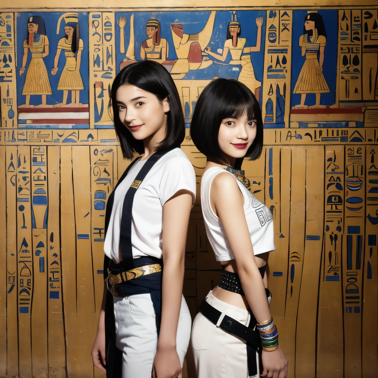 245 Inside the mural2people々々々々々々々々々々々(An 18-year-old female and an 18-year-old male), short hair,kind, lipstick, Egyptian civilization, Waist belt, Hieroglyphics, smile