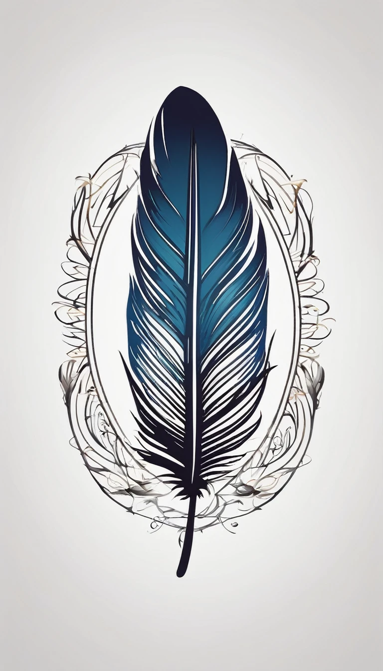 Create a logo design of a special, unique, poetic, minimalistic feather that represents a special creative brand called " Penamemoria". The brand is created by an artist called Rafael Figueiras. The logo must convey the sense of storytelling and music. Must include a boy, one acoustic guitar, a feather and a fantastic bird. Logo design and icon design present and impressed on a white t-shirt.