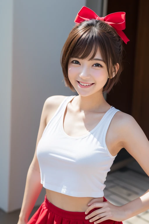 (8K、Highest quality、masterpiece:1.2)、(Realistic、Realistic:1.37)、Sleeveless、Red ribbon、mini skirt、Short Hair、Very detailed、Ultra-high resolution、1 Girl、Cheerleader、Beautifully detailed face、Laughter、narrow、(Slim waist) :1.3)、Beautiful and detailed skin、Skin Texture、Floating Hair、Professional Lighting、Human whole body、smile、27 years old、、っぽいsmile、Sappin&#39;&#39;&#39;&#39;&#39;&#39;&#39;&#39;、Moisturizing lips、Pale pink lips、Upper body naked、Lace green underwear、Micro size underwear、Umbilical cord prolapse、D cup breasts、Cleavage、Panty shot