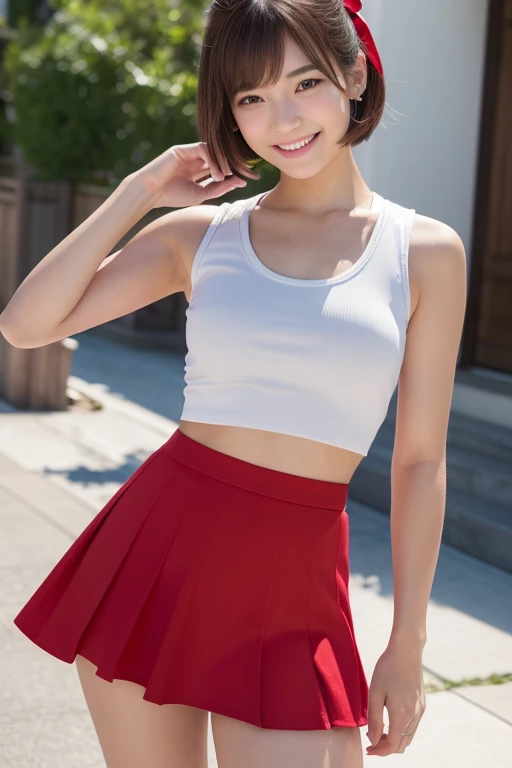 (8K、Highest quality、masterpiece:1.2)、(Realistic、Realistic:1.37)、Sleeveless、Red ribbon、mini skirt、Short Hair、Very detailed、Ultra-high resolution、1 Girl、Cheerleader、Beautifully detailed face、Laughter、narrow、(Slim waist) :1.3)、Beautiful and detailed skin、Skin Texture、Floating Hair、Professional Lighting、Human whole body、smile、27 years old、Baby Face、っぽいsmile、Sappin''''''''、Moisturizing lips、Pale pink lips、Upper body naked、Lace green underwear、Micro size underwear、Umbilical cord prolapse、D cup breasts、Cleavage、Panty shot