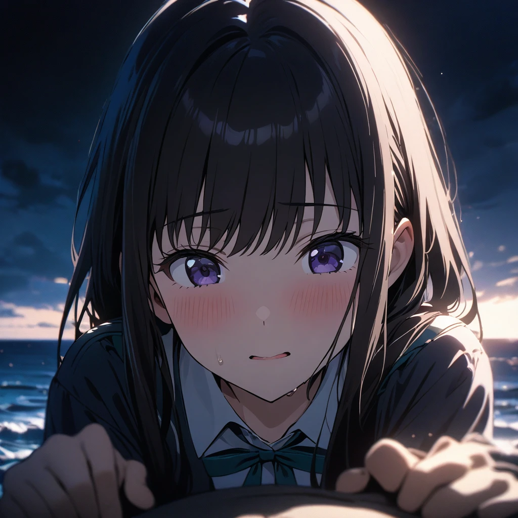( Inoue takina, ), (cinematic lighting), (masterpiece, best quality, ultra detailed), ( girl, pov, hetero, ), (tender expression, ), sea