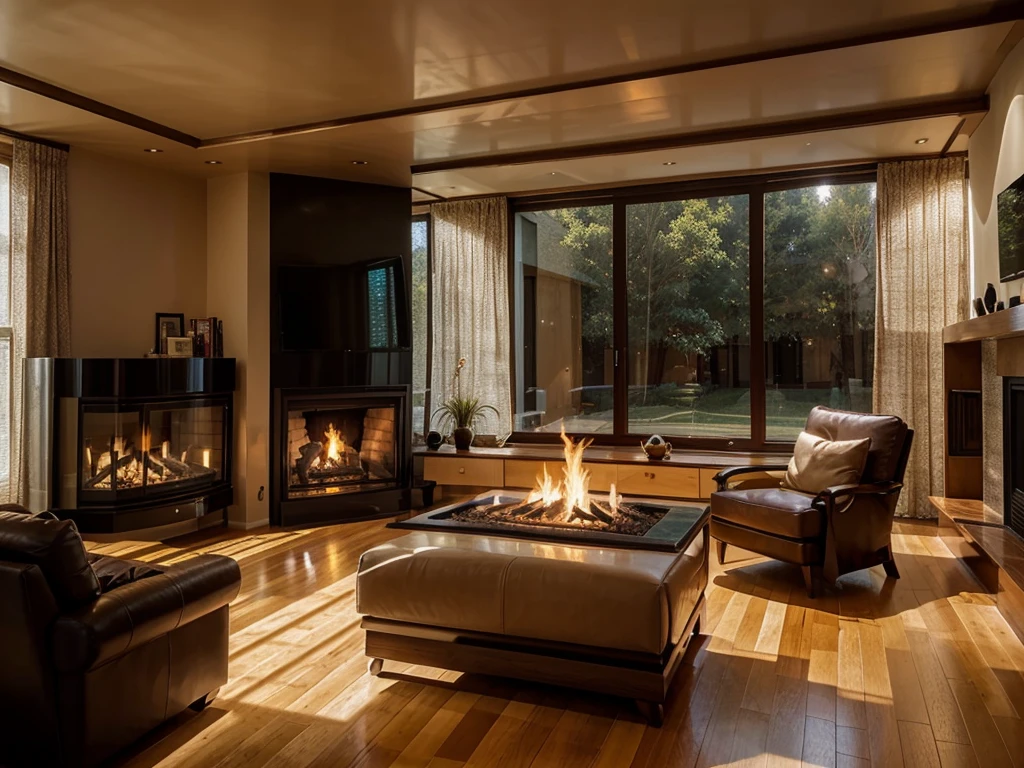 Double void and floor-to-ceiling window luxury cozy living room with a fire place