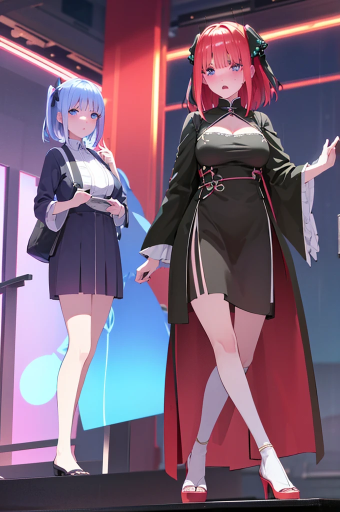 short hair, bangs, blue eyes, hair ornaments, Hair Ribbon, Pink Hair, blunt bangs, Both sides up, butterfly hair ornaments, skirt, No sleeve、、Random color see-through kunoichi costume、Japanese see-through female samurai costume、See-through female ninja costume,, Open clothes, Collared dress emphasizes cleavage、胸の谷間のSweat is noticeable、Professional lighting light reflection、 looking at viewer, (masterpiece:1.2), Highest quality, High resolution, unity 8k wallpaper, (figure:0.8), (Beautiful fine details:1.6), Highly detailed face, Perfect lighting, Highly detailed CG, (Perfect hands, Perfect Anatomy),heavy rain、heavy rainで全身びしょ濡れ、heavy rainで全身びしょ濡れの服、High heels、 ((Perfect handsの形))、(Perfect foot shape、Embarrassed expression blushing、、Gestures to seduce a man、Obscene pose、Shining Sweat、Perfect Skin,Sweat is noticeable、太もものSweat is noticeable、、 Fair skin,Tight waist, Sweating profusely、Sweaty hair、Sweaty clothes、Sweaty、Visible sweat、rain-wet hair、A vast Western church with stained glass windows