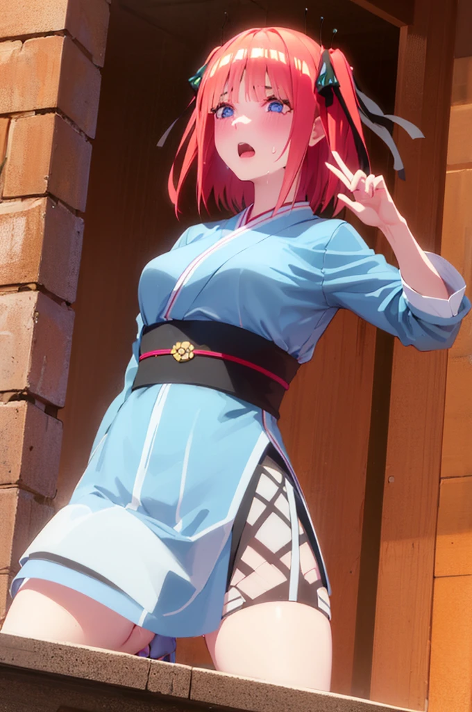 short hair, bangs, blue eyes, hair ornaments, Hair Ribbon, Pink Hair, blunt bangs, Both sides up, butterfly hair ornaments, skirt, No sleeve、、Random color see-through kunoichi costume、Japanese see-through female samurai costume、See-through female ninja costume,, Open clothes, Collared dress emphasizes cleavage、胸の谷間のSweat is noticeable、Professional lighting light reflection、 looking at viewer, (masterpiece:1.2), Highest quality, High resolution, unity 8k wallpaper, (figure:0.8), (Beautiful fine details:1.6), Highly detailed face, Perfect lighting, Highly detailed CG, (Perfect hands, Perfect Anatomy),heavy rain、heavy rainで全身びしょ濡れ、heavy rainで全身びしょ濡れの服、High heels、 ((Perfect handsの形))、(Perfect foot shape、Embarrassed expression blushing、、Gestures to seduce a man、Obscene pose、Shining Sweat、Perfect Skin,Sweat is noticeable、太もものSweat is noticeable、、 Fair skin,Tight waist, Sweating profusely、Sweaty hair、Sweaty clothes、Sweaty、Visible sweat、rain-wet hair、A vast Western church with stained glass windows