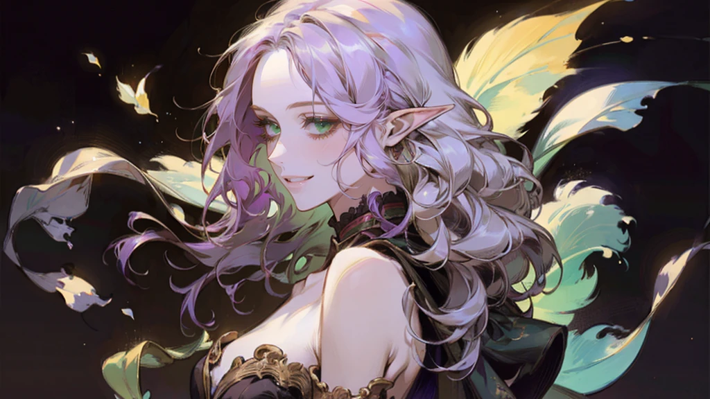 A beautiful, elegant girl with purple hair, green eyes and pale skin. Her hair is long and curly, she has two pretty tufts on the sides. She is an elf girl. elf ears. (she smiles). black background.