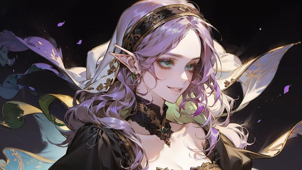 A beautiful, elegant girl with purple hair, green eyes and pale skin. Her hair is long and curly, she has two pretty tufts on the sides. She is an elf girl. elf ears. (she smiles). black background.